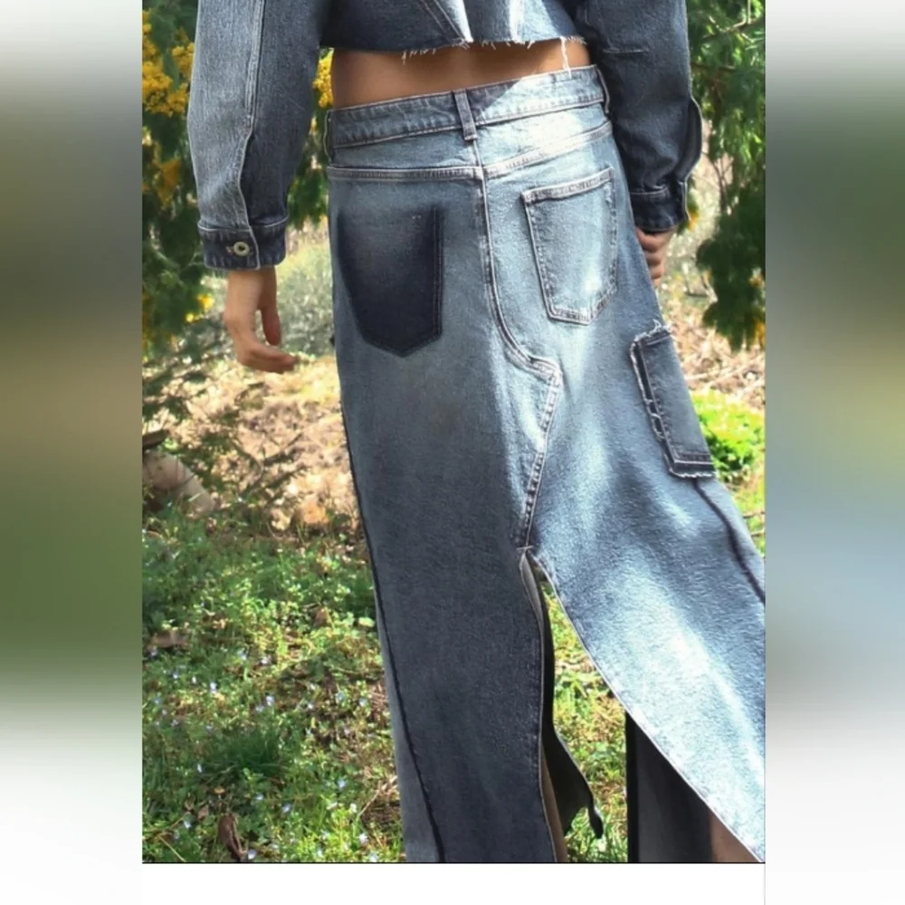 Zara Z1975 Slit Patchwork Denim Skirt - Picture 3 of 6